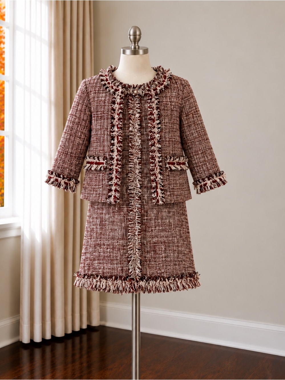 Girls' Burgundy Tweed Jacket & Dress Set - Classic Formal Coat Ensemble